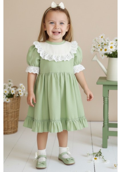 Kız Çocuk Yeşil Ruby Fırfırlı Dantel Detaylı Kısa Kollu Elbise Bandana Takım