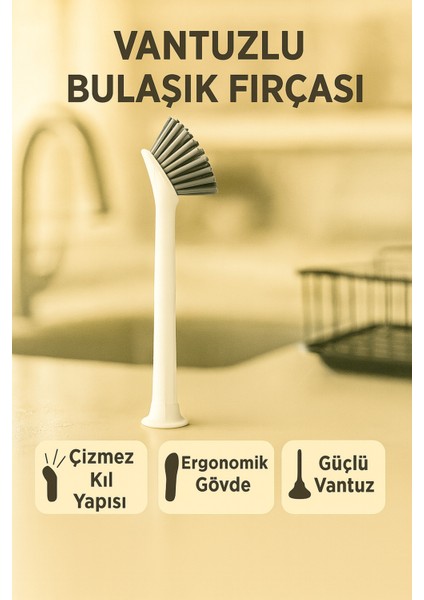 Vantuzlu Silikon Bulaşık Fırçası - Mutfak Banyo Tezgah Üstü Bulaşık-Lavabo Temizleme Fırçası Beyaz