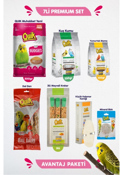 7li Set - Muhabbet Kuşu Besin Vitamin Bakım Başlangıç Seti - Kraker Min. Blok Muhabbet Yemi Dal Darı