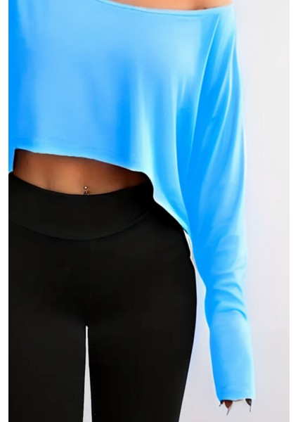 Kadın Düşük Omuz Kayık Yaka Oversize Uzun Kollu Crop T-Shirt modelleri