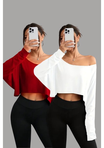 Kırmızı - Beyaz 2li Kadın Düşük Omuz Kayık Yaka Oversize Uzun Kollu Crop T-Shirt