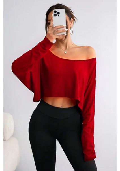 Kırmızı - Beyaz 2li Kadın Düşük Omuz Kayık Yaka Oversize Uzun Kollu Crop T-Shirt fırsatları
