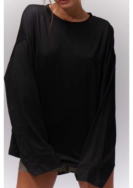 Kadın %100 Pamuk Bisiklet Yaka Oversize Fit Uzun Kollu Siyah T-Shirt modelleri