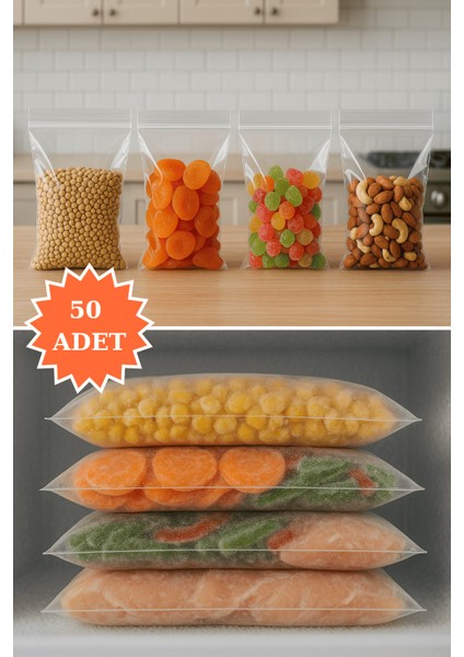 Kilitli Şeffaf Saklama Torbası Buzdolabı Gıda Çerez Bakliyat Kına Hediyelik Poşet 29,5X23 cm 50 Adet