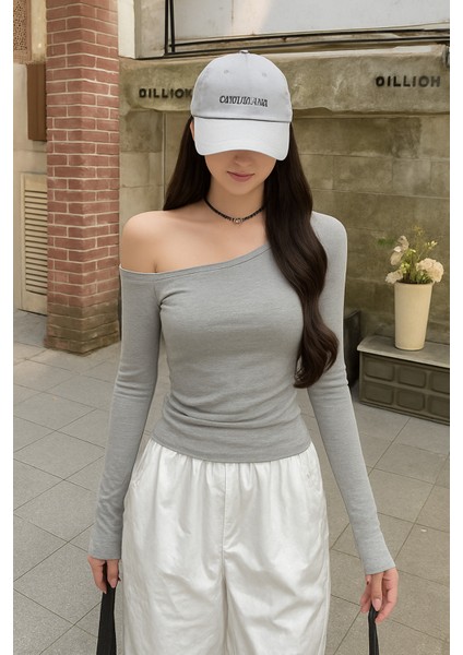 Gri Kadın Düşük Omuz Kayık Yaka Dar/slim Uzun Kollu T-Shirt