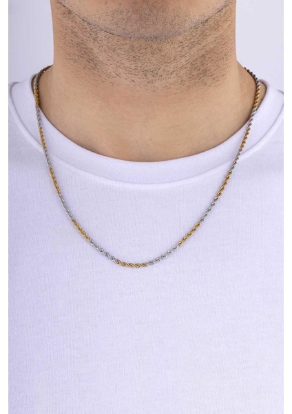 Burgu Model Çift Renk Altın Kaplama Erkek Çelik Zincir