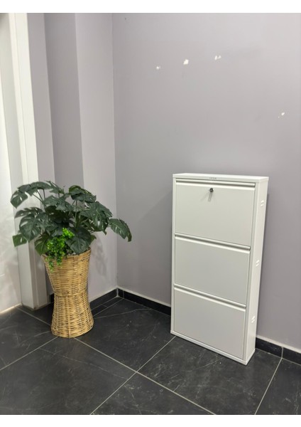 Metal Ayakkabılık 3 Lü Beyaz Kilitli Model