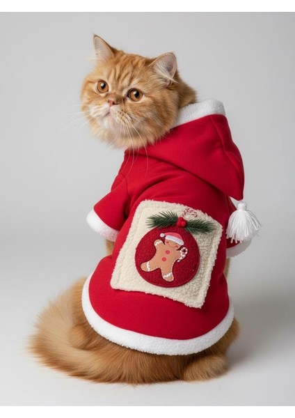 Kartopu Yılbaşı Kedi Kıyafeti Premium Kırmızı Polar | Kapüşonlu Noel Kedi Kostümü | Kurabiye Temalı