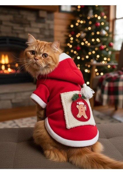 Kartopu Yılbaşı Kedi Kıyafeti Premium Kırmızı Polar | Kapüşonlu Noel Kedi Kostümü | Kurabiye Temalı fiyatları