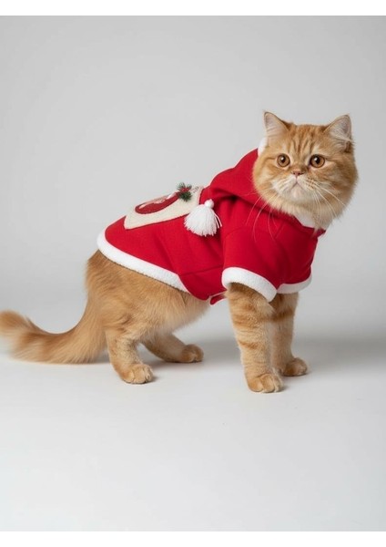 Kartopu Yılbaşı Kedi Kıyafeti Premium Kırmızı Polar | Kapüşonlu Noel Kedi Kostümü | Kurabiye Temalı fırsatları