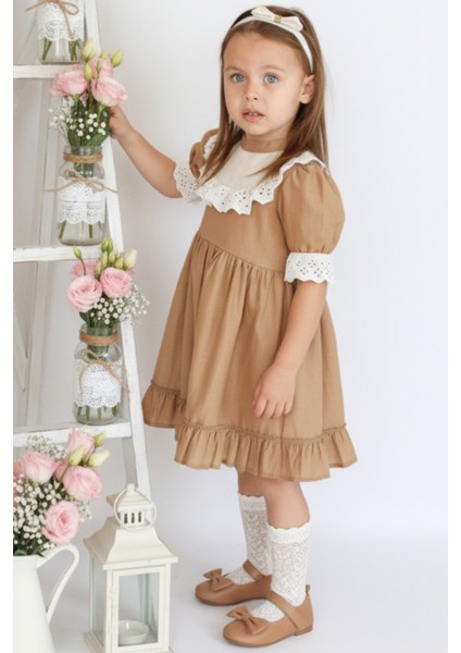 Kız Çocuk Ruby Kahverengi Fırfırlı Dantel Detaylı Kısa Kollu Elbise Bandana Takım