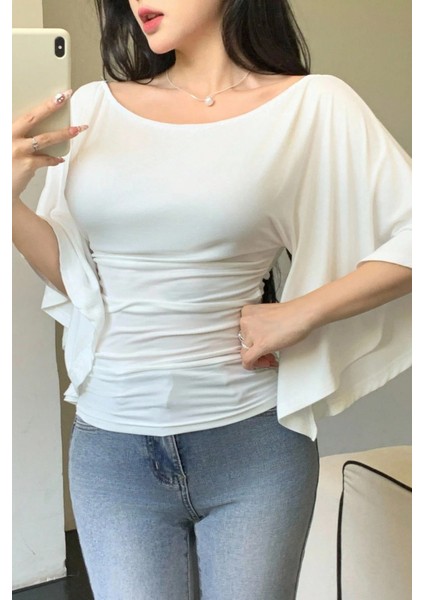 Kadın Beyaz Kayık Yaka Flare Kol Drapeli Fit Bluz fiyatları