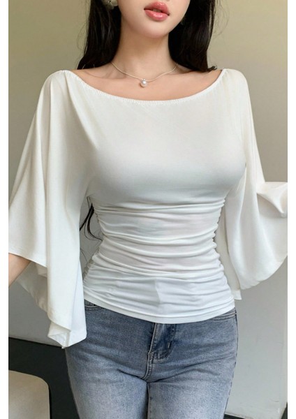 Kadın Beyaz Kayık Yaka Flare Kol Drapeli Fit Bluz indirimleri
