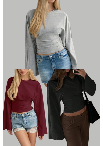 Siyah - Gri - Bordo 3lü Paket Kadın Uzun Kollu Belden Oturtmalı Bluz