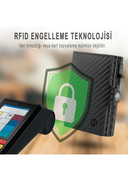 Palermo Carbon Siyah Mekanizmalı Kartlık Hakiki Deri Cüzdan Unisex Kadın Erkek Rfid Korumalı indirimleri