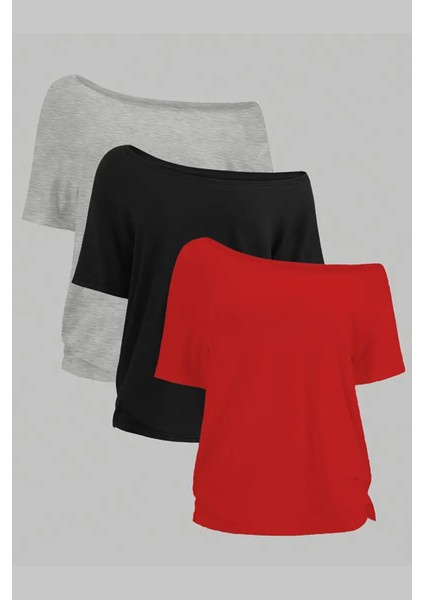 Siyah Gri Kırmızı 3lü Paket Kadın Düşük Omuz Kayık Yaka Oversize T-Shirt