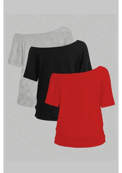 Siyah Gri Kırmızı 3lü Paket Kadın Düşük Omuz Kayık Yaka Oversize T-Shirt fiyatları