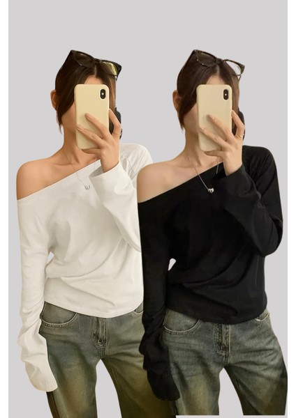 Siyah Beyaz 2 Li Paket Kadın Düşük Omuz Kayık Yaka Oversize Uzun Kollu T-Shirt