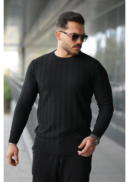 Erkek Bisiklet Yaka Çizgi Kabartmalı Uzun Kollu Triko
