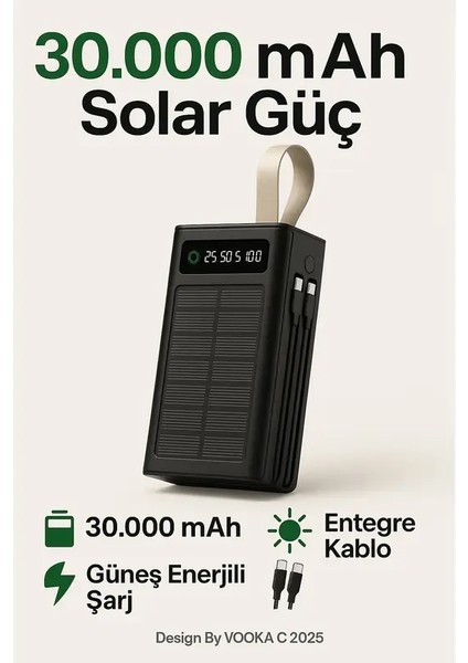 NEXİVA30.000 Mah Solar Powerbank | Güneş Enerjili LED Işıklı | 2×usb + Micro + Type-C Hızlı Şarj