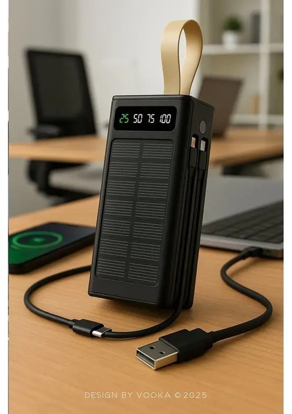 NEXİVA30.000 Mah Solar Powerbank | Güneş Enerjili LED Işıklı | 2×usb + Micro + Type-C Hızlı Şarj