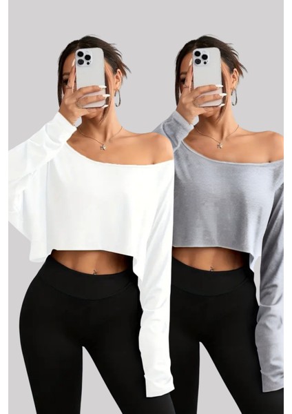 Beyaz - Gri 2li Kadın Düşük Omuz Kayık Yaka Oversize Uzun Kollu Crop T-Shirt