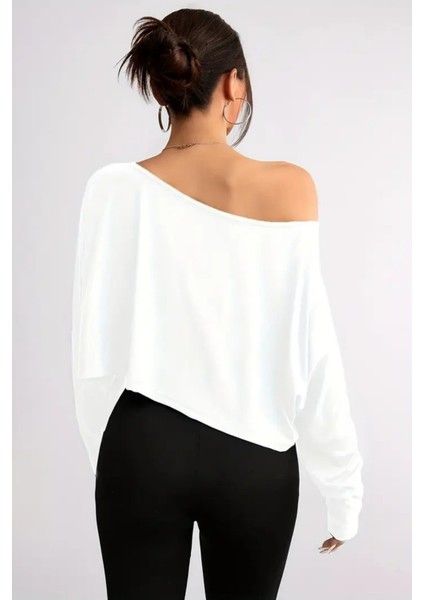 Beyaz - Gri 2li Kadın Düşük Omuz Kayık Yaka Oversize Uzun Kollu Crop T-Shirt fırsatları
