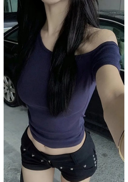 Lacivert Kadın Düşük Omuz Kayık Yaka Dar/slim Likralı T-Shirt fiyatları