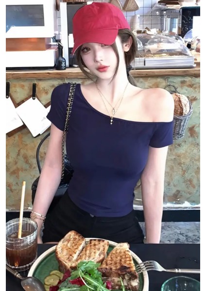 Lacivert Kadın Düşük Omuz Kayık Yaka Dar/slim Likralı T-Shirt modelleri