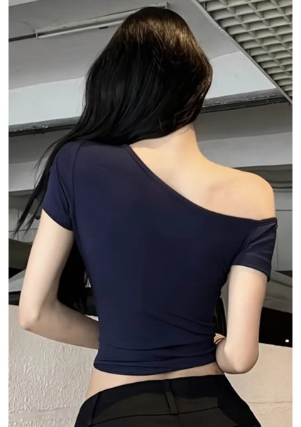 Lacivert Kadın Düşük Omuz Kayık Yaka Dar/slim Likralı T-Shirt fırsatları
