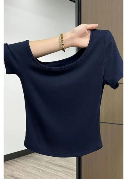 Lacivert Kadın Düşük Omuz Kayık Yaka Dar/slim Likralı T-Shirt indirimleri