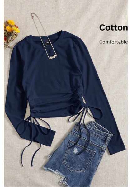 Kadın Lacivert Büzme Ip Detaylı Bisiklet Yaka Uzun Kollu T-Shirt