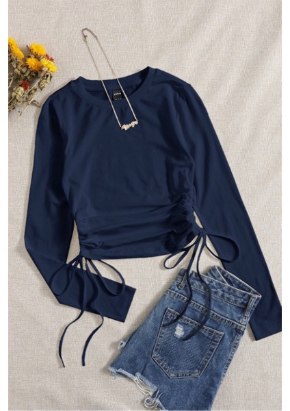 Kadın Lacivert Büzme Ip Detaylı Bisiklet Yaka Uzun Kollu T-Shirt fiyatları