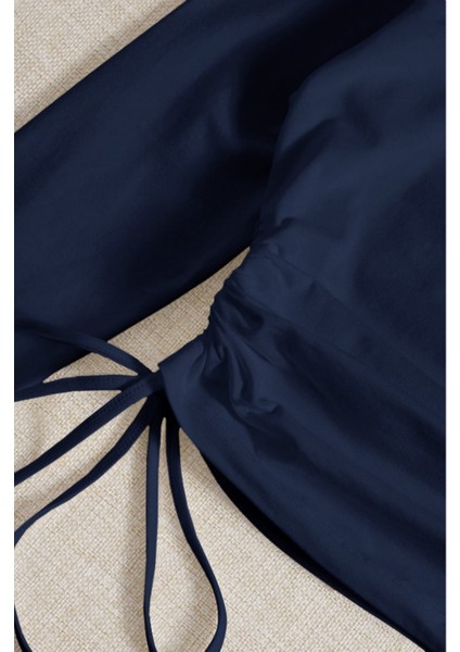 Kadın Lacivert Büzme Ip Detaylı Bisiklet Yaka Uzun Kollu T-Shirt modelleri