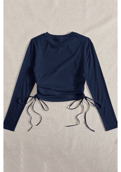 Kadın Lacivert Büzme Ip Detaylı Bisiklet Yaka Uzun Kollu T-Shirt fırsatları