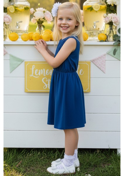 0013 - Kız Çocuk Açık Lacivert Elbise Beyaz Toka Takım