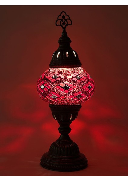 El Yapımı Mozaik Masa Lambası 34 cm | Dekoratif Masaüstü Lamba | 14 cm Cam,kırmızı Renk