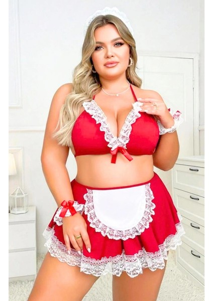 Dodes Büyük Beden Fantezi Kırmızı Dantelli Hizmetçi Kostümü TG279246-B