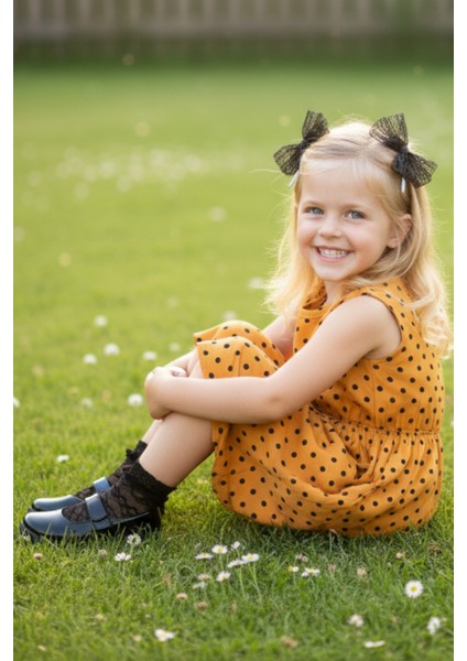 0007 - Kız Çocuk Puanlı Hardal Elbise Siyah Dantel Toka Takım fiyatları