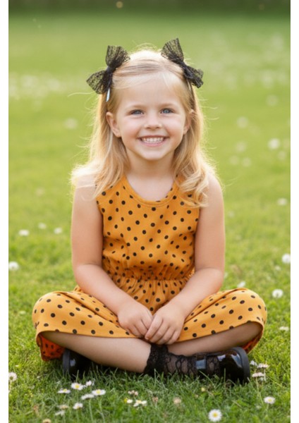 0007 - Kız Çocuk Puanlı Hardal Elbise Siyah Dantel Toka Takım modelleri