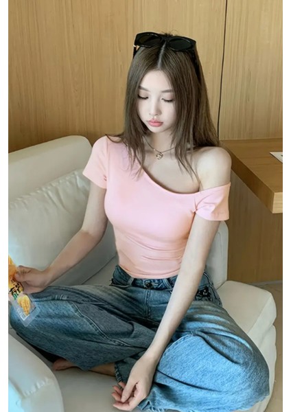 Pembe Kadın Düşük Omuz Kayık Yaka Dar/slim Likralı T-Shirt