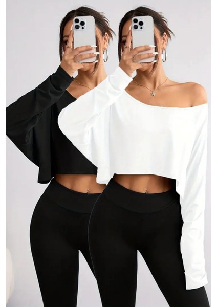 Beyaz - Siyah 2li Kadın Düşük Omuz Kayık Yaka Oversize Uzun Kollu Crop T-Shirt