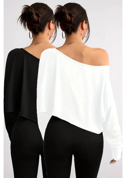 Beyaz - Siyah 2li Kadın Düşük Omuz Kayık Yaka Oversize Uzun Kollu Crop T-Shirt fiyatları