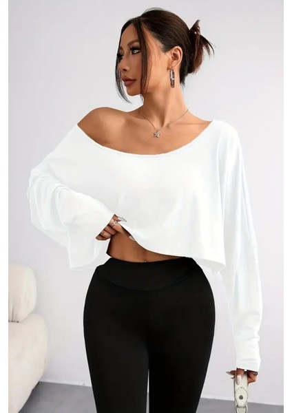 Beyaz - Siyah 2li Kadın Düşük Omuz Kayık Yaka Oversize Uzun Kollu Crop T-Shirt modelleri