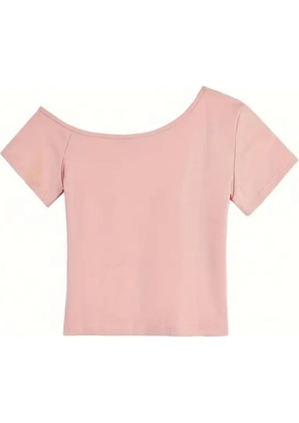 Pembe Kadın Düşük Omuz Kayık Yaka Dar/slim Likralı T-Shirt