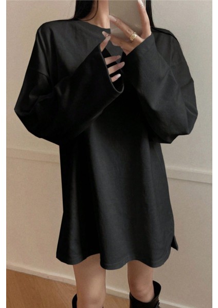 Kadın Siyah Bol Bisiklet Yaka Uzun Kollu T-Shirt fiyatları