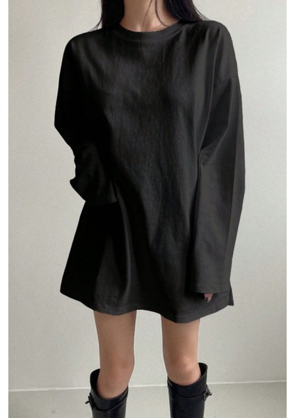 Kadın Siyah Bol Bisiklet Yaka Uzun Kollu T-Shirt modelleri