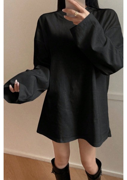 Kadın Siyah Bol Bisiklet Yaka Uzun Kollu T-Shirt fırsatları