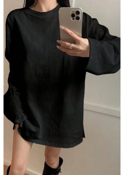 Kadın Siyah Bol Bisiklet Yaka Uzun Kollu T-Shirt indirimleri