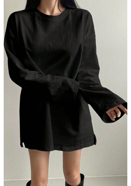 Kadın Siyah Bol Bisiklet Yaka Uzun Kollu T-Shirt